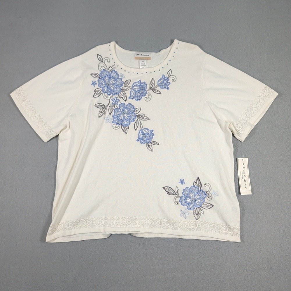 Alfred Dunner Sweater Women 2X Off White French Bistro Floral Embroidered Top